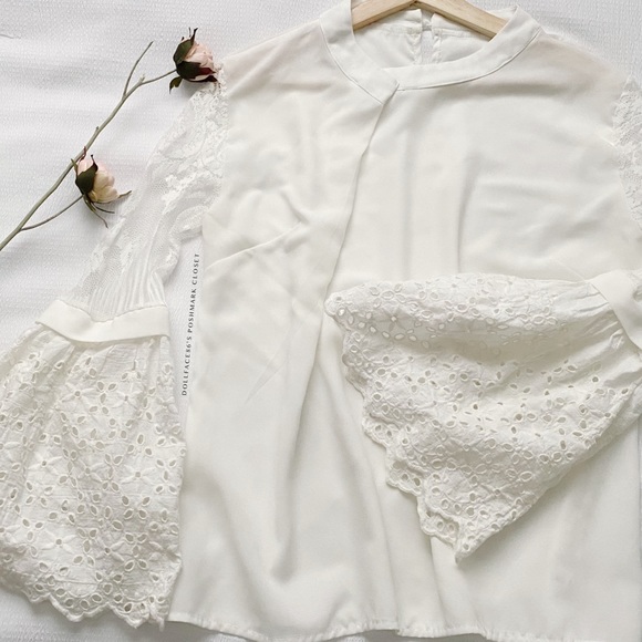 White Pleated Front Flared Eyelet Lace Sleeve Blouse - Picture 2 of 8